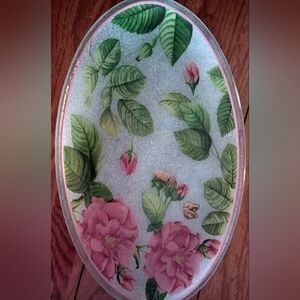 Floral Oval Decorative Plate Glass Platter With Flowers